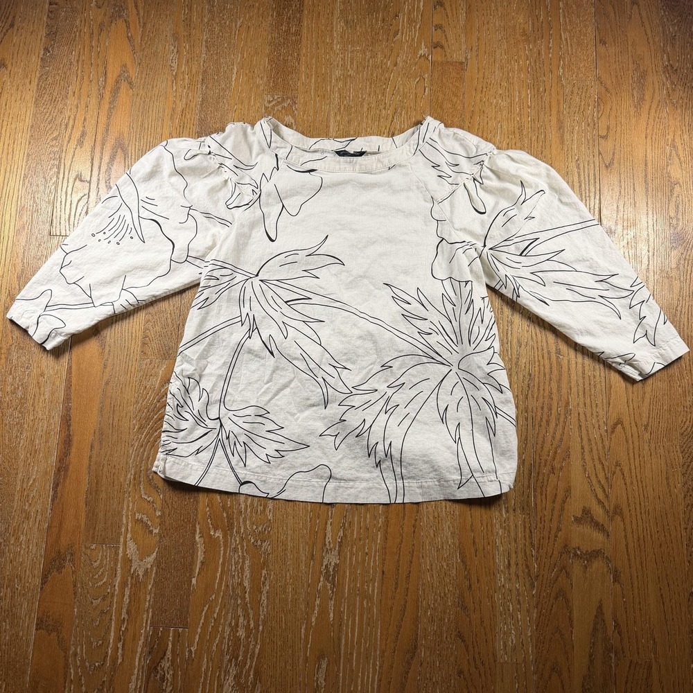 Banana Republic Blouse Womens Large White Linen Blend Floral Belted Tunic
